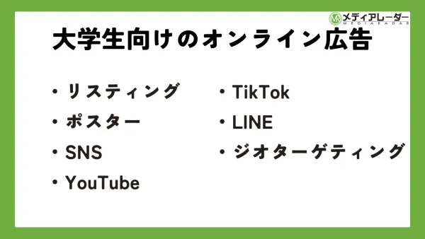 大学生向けのオンライン広告を一覧表示