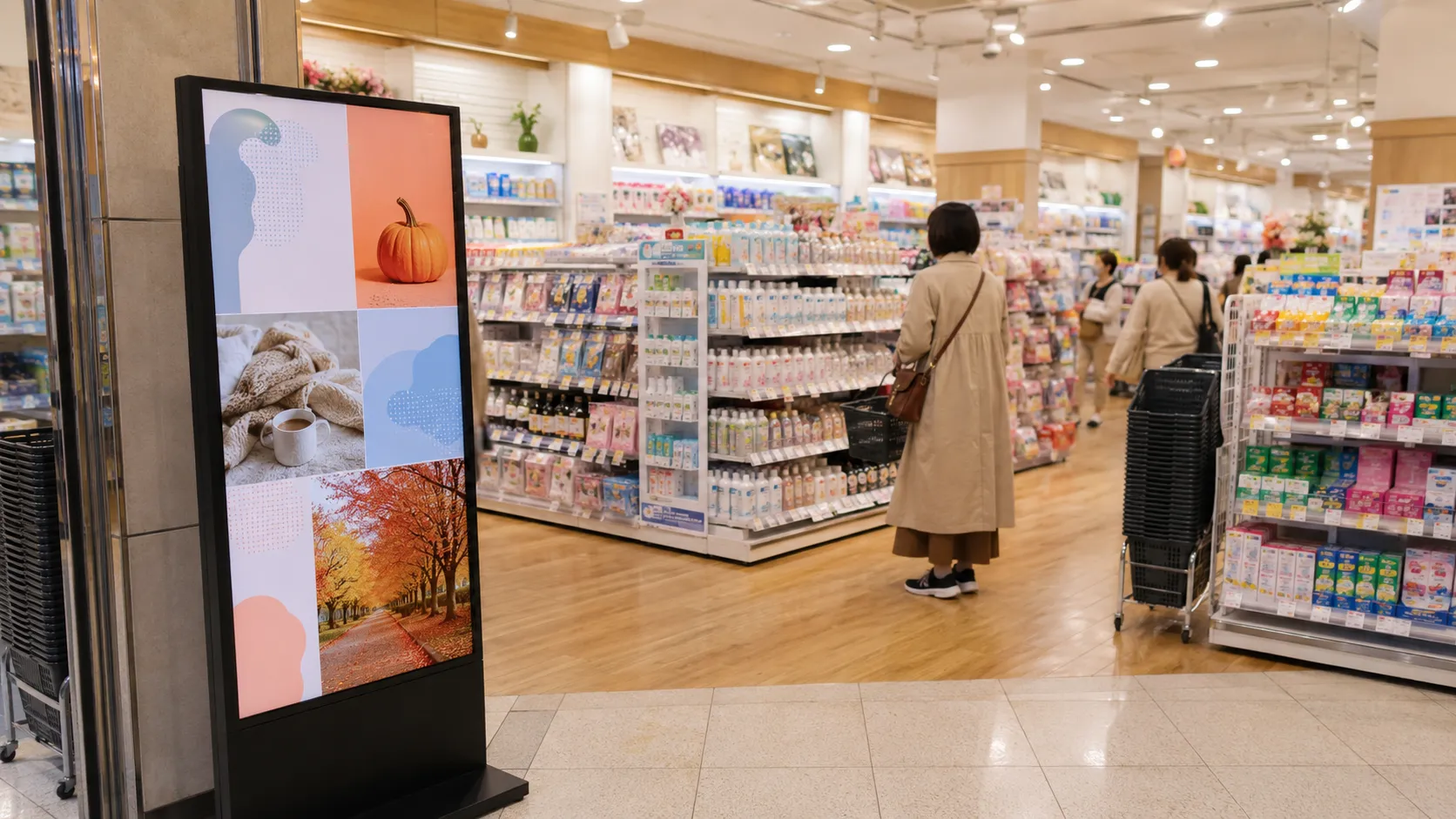 ドラッグストア店内に設置されたデジタルサイネージのイメージ