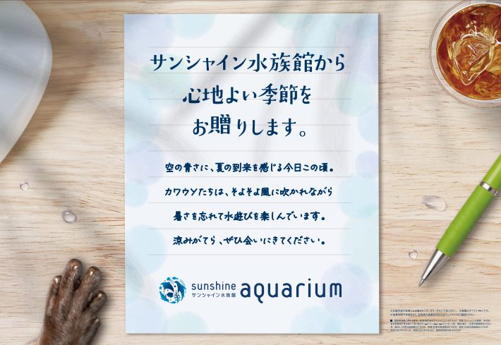 サンシャイン水族館のドア横広告 飼育スタッフから届いた暑中見舞いの手紙をイメージしたデザイン