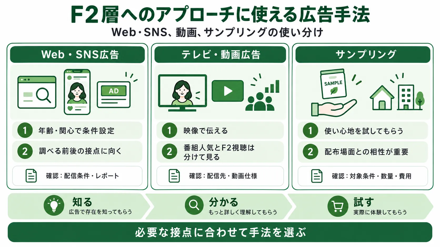 F2層向け広告手法｜Web・SNS広告、テレビ・動画広告、サンプリングの違いを整理