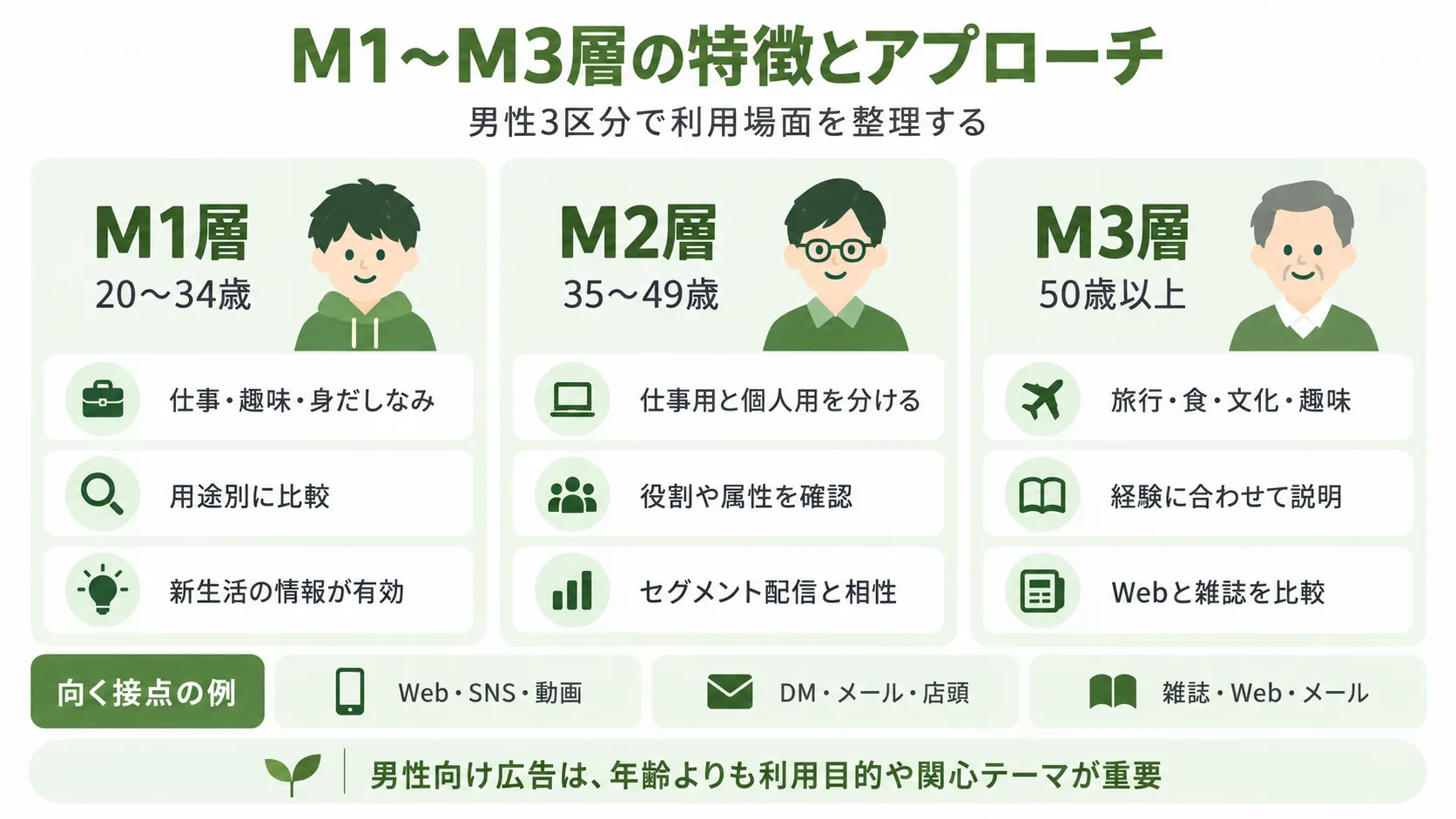 M1〜M3層の特徴とアプローチ｜20〜34歳・35〜49歳・50歳以上男性の広告接点を整理