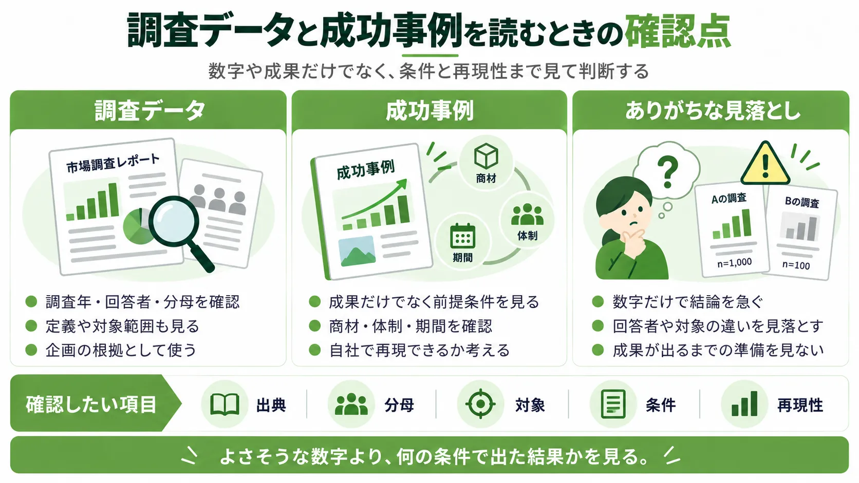 調査データと成功事例を読むときの確認点を整理した図