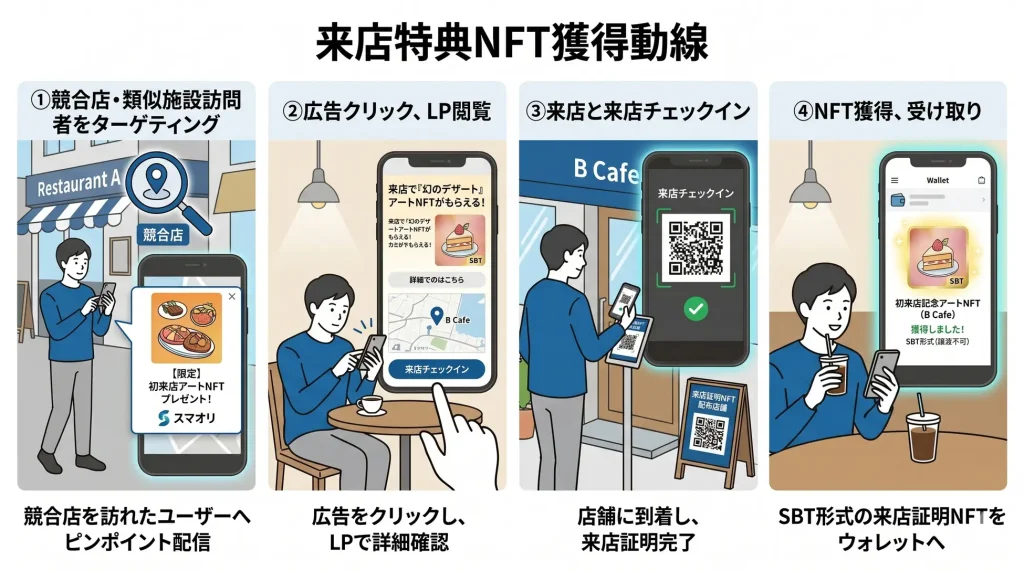 来店特典NFTの獲得フロー。競合店訪問者をターゲットにした広告配信から、店舗でのQRコードチェックインを経て、SBT形式の来店証明NFTを受け取るまでの4つの手順を解説する図解。