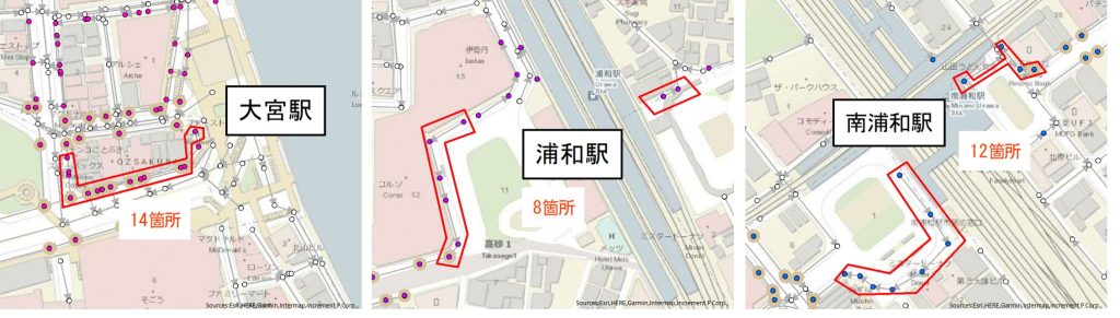 さいたま市内3駅周辺のマンホール蓋広告設置エリアを示した地図。左は大宮駅周辺で赤枠のエリアに14箇所、中央は浦和駅周辺で8箇所、右は南浦和駅周辺で12箇所の設置予定地点がそれぞれピンク・紫・青のドットで地図上にプロットされている。各地図にはオレンジ色で箇所数が強調表示されており、駅前の人通りの多いエリアに集中して設置されることがわかる。
